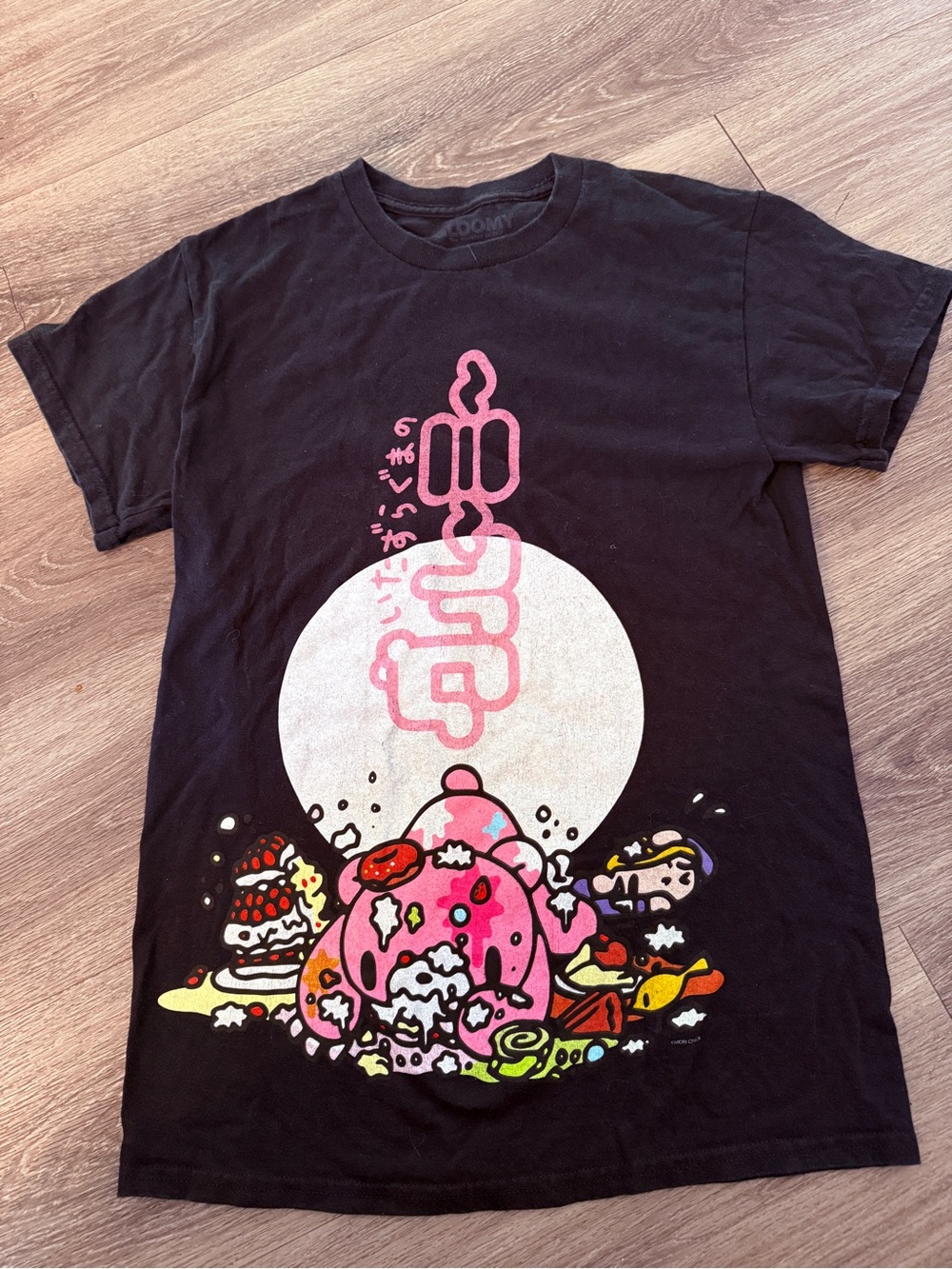 Gloomy Bear T-Shirt Black Graphic Pink Messy Sweets Anime Mori Chack Size S